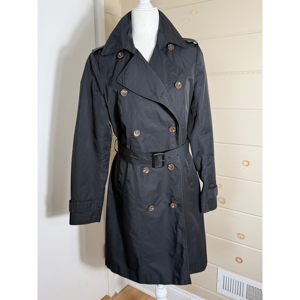 Cole Haan Womens Black Double Breasted Belted Trench Coat Size M Outerwear